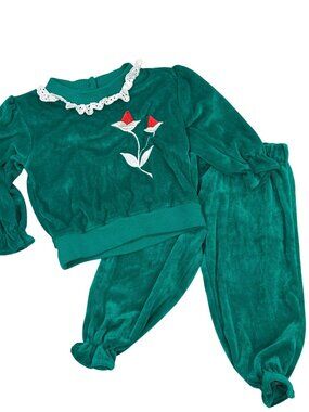 Vintage Sears Infant Green Velour Two-Piece Outfit With Floral Embroidery Lace C